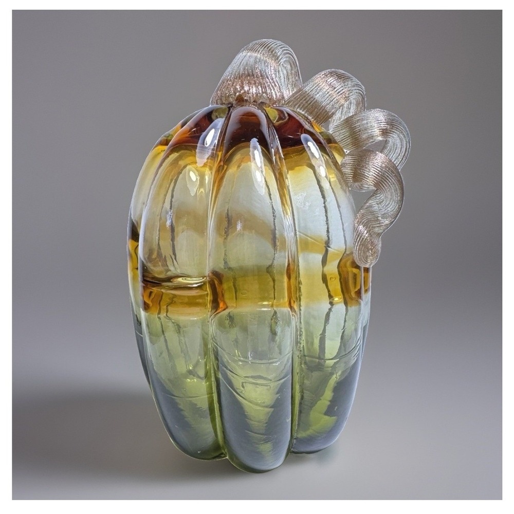 Hand Blown Art Glass Pumpkin 9.5" Amber Green Gold Curly Ribbon Stem Fall Decor